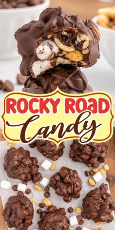 rocky road candy is stacked on top of each other with marshmallows in the middle