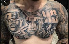 a man with tattoos on his chest has money and women's faces painted on it