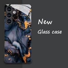 the new glass case is designed to look like an abstract painting with gold and black paint splatters