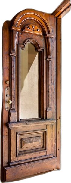 an old wooden door with a mirror on the front and side paneled in wood