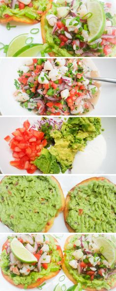 the process to make guacamole on toasted bread is shown in three different stages