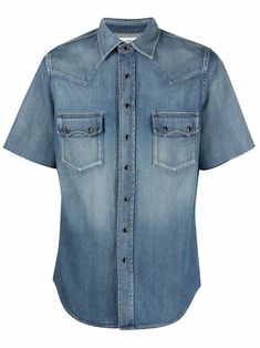 blue cotton-denim faded effect classic collar front press-stud fastening short sleeves two chest flap pockets curved hem Saint Laurent Denim, Short Sleeve Denim Shirt, Short Sleeve Denim, Versace Shorts, Western Denim Shirt, Camisa Jeans, Denim Shirts, Jeans Button, Female Character