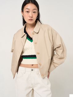 Editor's NoteIt is a cotton jacket with a moderately relaxed fit and blouson-like silhouette. As a sustainable eco-friendly material, it has a smooth and soft fiber structure, so it is less irritating to the skin.- Create a feminine mood by rolling the collar line round- Using the point button on the neck, it can be produced in various ways depending on the closure.- Banding is put in the hem to produce a stable fit.Measurements (in.)ONE SIZE (XS-M)- Length: 22.83 in.- Shoulder from center back: 32.87 in.- Chest:23.62 in.- Hem: 16.93 in.- Sleeve Hem: 4.33 in.*Size may vary 0.4 in. ~ 1.18 in. depending on measurement method, model wearing size / object and production characteristics.*Model size: Height 5'54 / 49kgComposition & Care- 55% Cotton, 45% LyocellDesigner- by PLAC Spring Cotton Windbreaker With Ribbed Cuffs, Oversized Outerwear With Ribbed Collar, Cotton Outerwear With Ribbed Collar, Beige Cotton Windbreaker, Beige Cotton Long Sleeve Windbreaker, Relaxed Fit Outerwear With Ribbed Collar For Everyday, Casual Beige Outerwear With Ribbed Collar, Beige Casual Outerwear With Ribbed Collar, Relaxed Fit Outerwear With Ribbed Collar And Long Sleeve