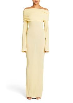 Knit, off-the-shoulder maxi dress with fold over neckline and long, bell sleeves. Shown here in Butter. 77% Viscose, 23% Polyester Made in China Model is 5'10" wearing size S Style No. 3922-17 Off The Shoulder Knit Dress, Maxi Dress Long Sleeve, Moda Operandi Dress, Street Style Skirt, New Long Dress, Spring Capsule Wardrobe, Maxi Knit Dress, Elegant Dresses Long, Women Long Dresses