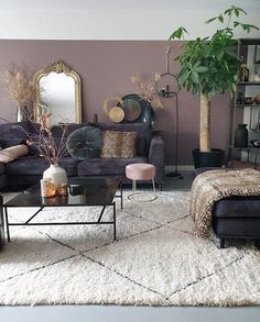 a living room with two couches and a coffee table in front of a mirror