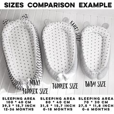 three baby sleeping bags are shown with measurements for the size and width, along with instructions on how to use them