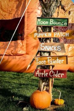 there are many signs in the grass pointing to different places on this sign post and pumpkins