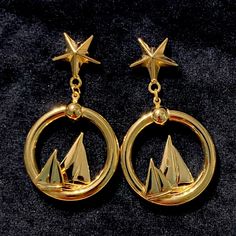 Vintage 2 Sailboat Dangle Hoop Goldtone Star Post Earrings 2.5" New On Card Brand Is Called "Evenings By P. Craft" High Polished Shiny Goldplated Surface Nos/New Old Stock If You Love Sailing, Sailboats, Big Earrings, 1980's, Swinging, Dangling Fun, Then These Are For You!!! Gift Wrapping Available, Message Me Before/At Purchase Bin1223 Vintage Gold Beach Jewelry, Vintage Beach Dangle Jewelry, Star-shaped Summer Beach Earrings, Sailboat Earrings, Vintage Beach Dangle Earrings, Vintage Star-shaped Metal Jewelry, Turtle Brooch, Stone Dangle Earrings, Faux Pearl Earrings