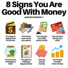 the 8 signs you are good with money info graphic on white background, includes icons and text