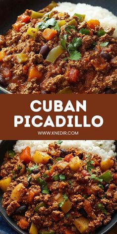 two pictures with the words cuban picadillo on top and bottom, in front of it