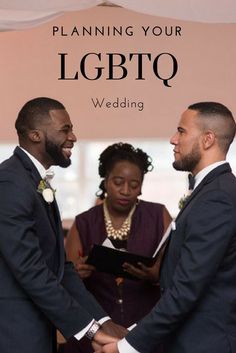 a man and woman standing next to each other in front of a white tent with the words planning your lgbt wedding written on it