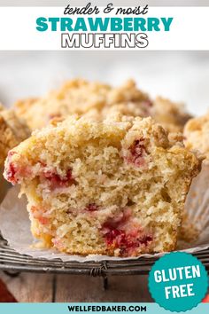 strawberry muffins on a plate with text overlay