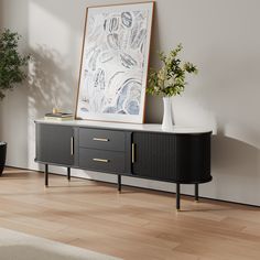 a black sideboard with two drawers and a plant on it in front of a white wall