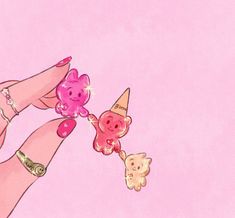 a pink background with two hand holding three small teddy bears and one wearing a party hat