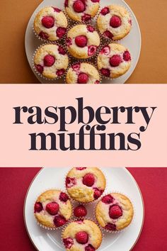 raspberry muffins on a plate with the words raspberry muffins above them