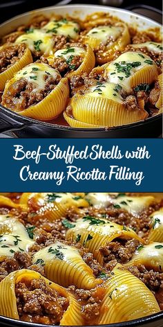 These Beef-Stuffed Shells with Creamy Ricotta Filling are a comforting, Italian-inspired dish featuring tender pasta shells stuffed with a flavorful mixture of seasoned ground beef, creamy ricotta, and mozzarella. Topped with marinara sauce and baked to perfection, this dish makes for a cozy, family-friendly meal! Beef Stuffed Shells With Ricotta Filling, Beef Stuffed Shells With Creamy Ricotta, Italian Food For A Crowd, Ground Beef Stuffed Shells, Stuffed Shells With Ground Beef, Beef Stuffed Shells, Italian Stuffed Shells, Pasta Shells Stuffed, Simple Dinner Ideas