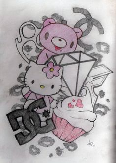 a drawing of hello kitty and her teddy bear with the letter e on it's chest