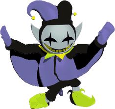 the animated character is dressed in purple and black, with yellow accents on his feet