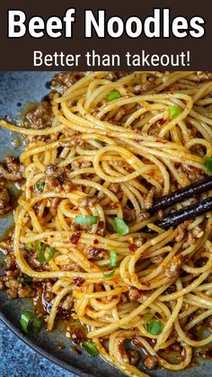 beef noodle stir fry in a skillet with text overlay that reads beef noodles better than takeout