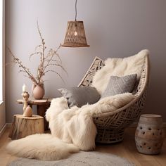 a wicker chair with white fur and pillows