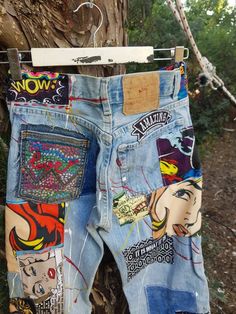 "Ready to send:Size-26,27,28,29,30,30,31,32,34,36 unique vintage jeans One of a kind.. Hand made embroidery and unique patches. ---Or---- Made to order, in any size, within 14 working days . If you need different size, please send me a message and I will make you a special and unique design within 14 working days. They are all different! No one will have the same one as you have! Hand painted, one of kind jeans. You pick your size, model (slim- boyfriend- high waist- low waist) and primer color Retro Cotton Jeans With Buttons, Multicolor Denim Bottoms With Patches, Vintage Patchwork Jeans For Streetwear, Retro Multicolor Jeans With Pockets, Multicolor Graphic Print Denim Bottoms, Retro Blue Jeans With Graphic Print, Retro Multicolor Cotton Jeans, Vintage Jeans With Patches In Recycled Denim, Vintage Recycled Denim Jeans With Patches