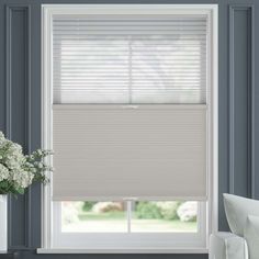 a living room with white furniture and yellow blinds on the windowsill, in front of a blue wall