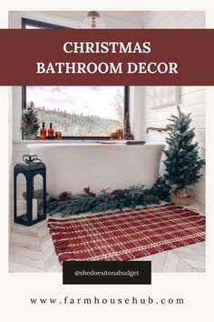 christmas bathroom decor with red and white plaid rugs in front of the bathtub