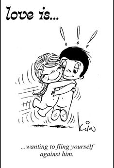 a black and white drawing of two people hugging each other with the caption love is