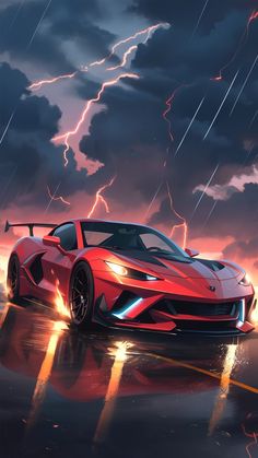 a red sports car is driving through the rain with lightning in the sky behind it