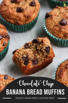 chocolate chip banana bread muffins on a baking sheet with text overlay that reads, chocolate chip banana bread muffins