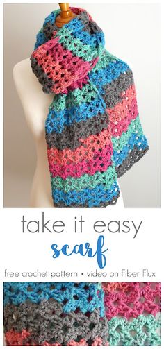 an easy crochet scarf with text that reads, take it easy scarf free crochet pattern video on fiber flix