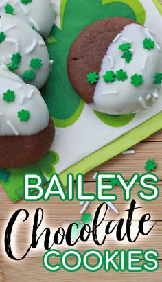 bailey's chocolate cookies with white frosting and shamrock decorations