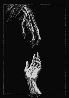 two hands reaching out towards each other in the dark, with one hand holding another