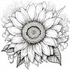 a drawing of a sunflower with leaves and flowers on it's petals, in black