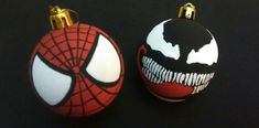 two christmas ornaments with spiderman faces painted on one ornament and the other decorated like an egg