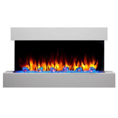 an electric fireplace with bright flames and blue ice on the bottom, against a white background