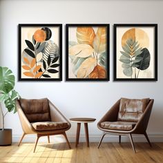 three framed art prints hanging on the wall above two chairs and a table with a potted plant