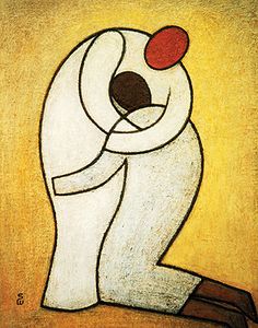 a painting of a white bird with a red dot on it's head and neck