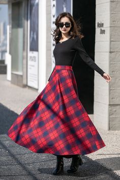 "This winter wool skirt is a classic piece of tailoring that will see you through rain or shine. It is cut with a flattering flared skirt to give you a wonderful shape. The winter skirt is perfect classic styling and ends at the ankle. This is a versatile skirt that you'll wear again and again. DETAILS: * More colors available https://etsy.me/3PsizLu * 30% wool, 30% fiber, 40% polyester * fully satiny liner * Two side pockets * Right zip closure * A little Back elastic, comfortable wear * Plus s Retro A-line Winter Skirt, Classic Red Winter Skirt, Vintage Wool Lined Skirt, Vintage Flared Winter Skirt, Vintage Flared Skirt For Winter, Fitted Wool Full Maxi Skirt, Vintage Long Skirt For Winter, Vintage Pleated Skirt For Winter, Plaid A-line Skirt With Lining