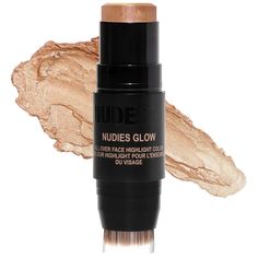 A skin brightening balm with a soft metallic glow for #glassyskin. Dab on highpoints of face for dewy highlight. Dual-ended blending brush twists off to wash. What it does: The perfect way to brighten your skin and lift the natural structure of your face, NUDIES GLOW All-Over Highlight reflects light to provide instant dewiness and luminosity. This skin-loving soft cream balm melts onto skin to look naturally glowing. Made in Korea innovation with a formula that provides youthful looking skin an Stippling Brush, Highlighter Stick, Makeup Icons, Hey Honey, Cream Highlighter, Flawless Face, Nude Color, Skin Care Tools, Bronze Color