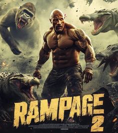 the poster for the movie rampage 2 is shown in front of an image of two dinosaurs