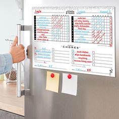 a person pointing at a sign on the side of a refrigerator