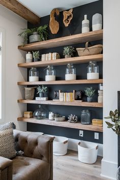 a living room filled with lots of shelves covered in pots and plants on top of them