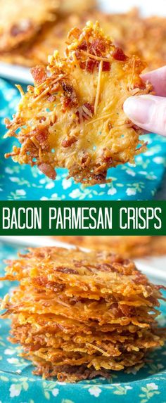 bacon parmesan crispes on a blue plate with text overlay that says bacon parmesan crispes