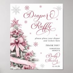 a pink and white christmas tree with snowflakes on it is displayed in front of a