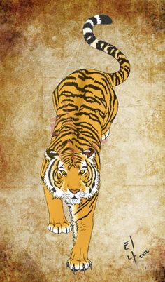 a painting of a tiger walking across a dirty ground with a snake on it's tail