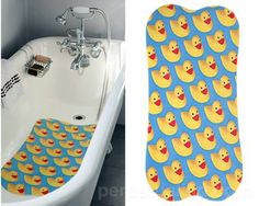 a bathtub with yellow rubber ducks on it next to a photo of a bathroom