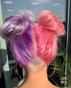 Purple Split Dyed Hair, Split Hair Color, Split Hair Dye, Purple And Pink Hair, Highlights Styles, Pink And Purple Hair, Purple Hair Color Ideas, Purple Hair Color, Pink Purple Hair