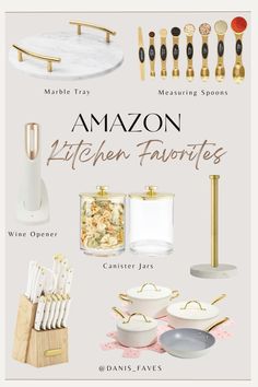 an advertisement for amazon's kitchen favorites featuring gold and white dishes, utensils