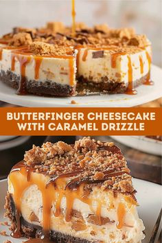 two different cheesecakes with caramel drizzle on the top and bottom